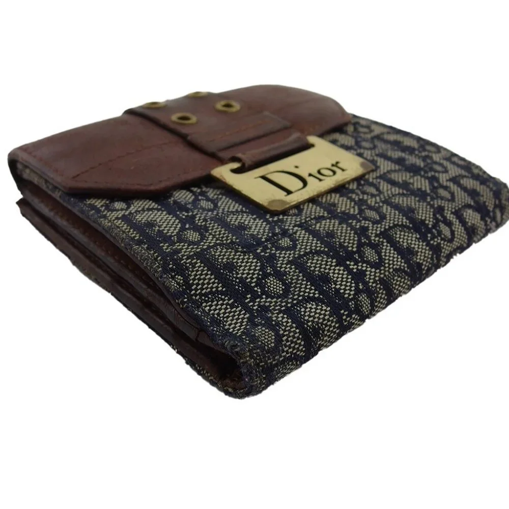 Dior Bifold Wallet Navy Beige Brown Women Authentic secondhand